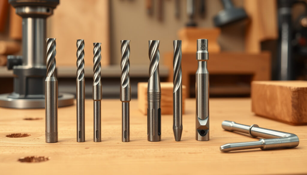 Erilaisia puuntyöstön jyrsinteriä puutyöpöydällä jyrsinkoneen holkin ja kuusioavaimen vieressä