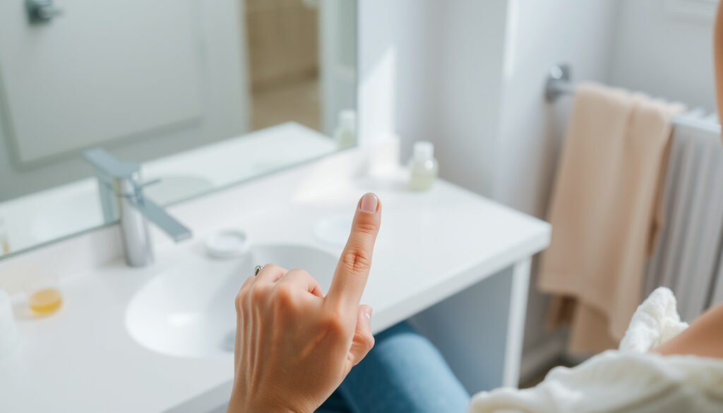 Nainen asettaa piilolinssiä sormen päästä silmälleen peilin ääressä pöydällä linssikotelo ja hoitonestepullo.
