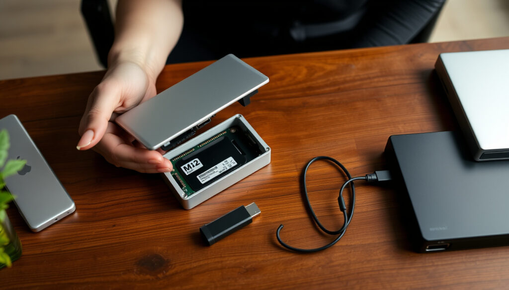 Työpöytä, jolla ihminen avaa pientä metallista M.2-levykoteloa ja vertaa USB-C-kaapelilla varustettua koteloa toiseen ulkoiseen tallennusratkaisuun.