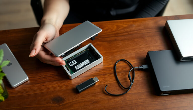 Työpöytä, jolla ihminen avaa pientä metallista M.2-levykoteloa ja vertaa USB-C-kaapelilla varustettua koteloa toiseen ulkoiseen tallennusratkaisuun.