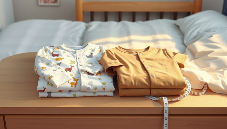 Lasten pyjamat taiteltuna lastenhuoneen lipaston päällä mittanauhan vieressä illan valossa