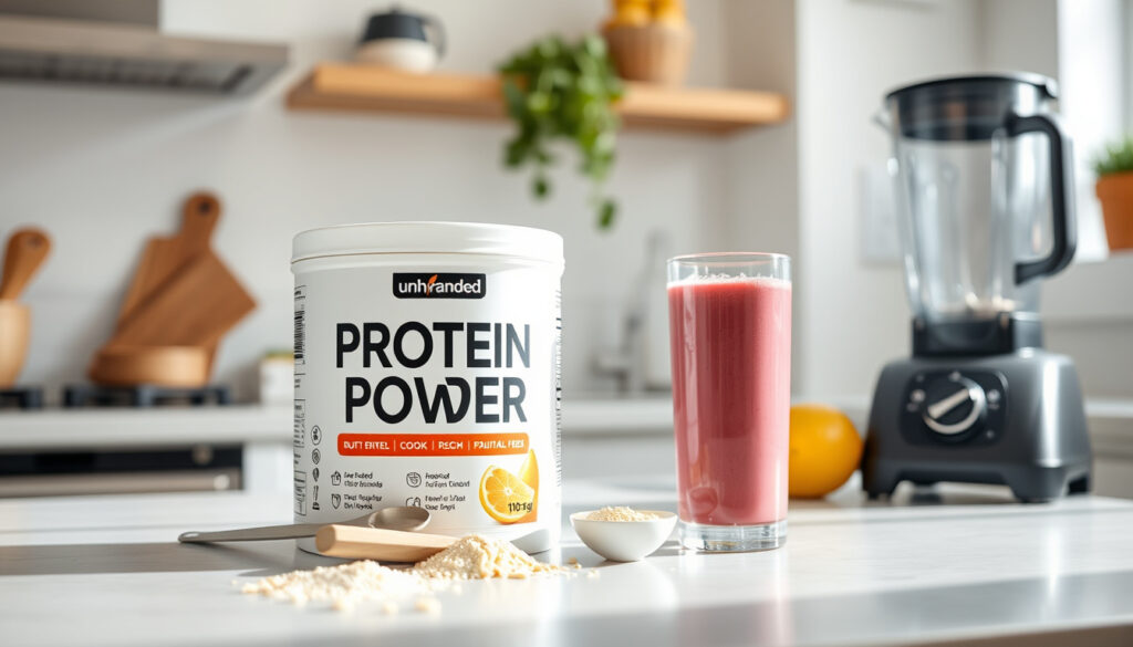 Pöydällä avattu proteiinijauhepurkki kauhineen, blender ja smoothielasi viereen aseteltuina keittiön valoisaan nurkkaan.